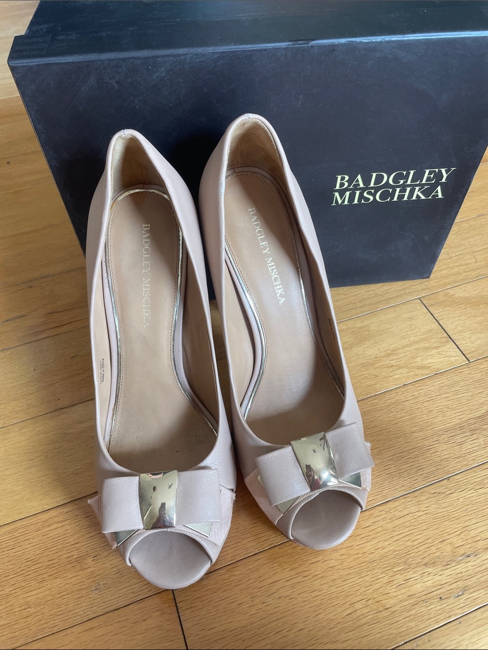 Badgley Mischka Blush Peep-Toe Pumps with Gold Bow Accent